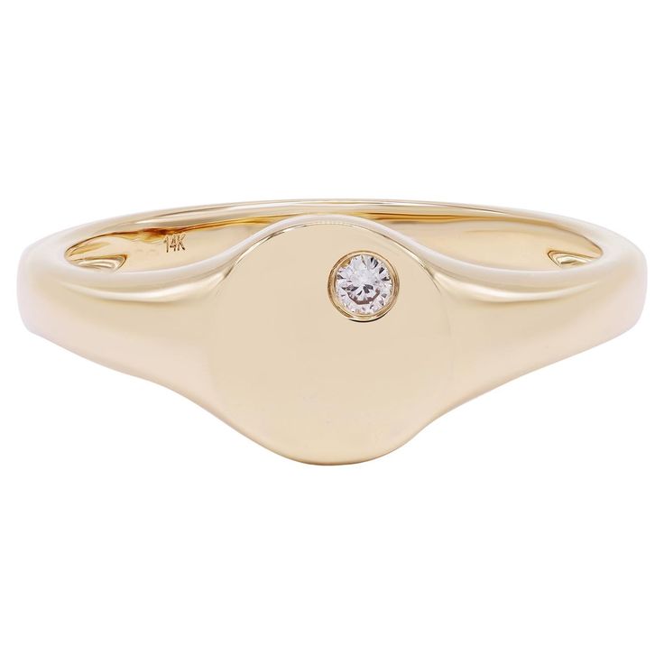 Bold look in a classic style, crafted in 14k yellow gold. This round signet ring features a round-cut diamond as a dose of sparkle to complement its high-polished solid gold finish. Total diamond weight: 0.03ct. Ring size 7. Width: 3.2mm. Weight: 2.30 grams. Comes with a presentable gift box. American Modern, Ring Size 7, Round Cut Diamond, Signet Ring, Gold Finish, Solid Gold, Classic Style, Jewelry Rings, Ring Size