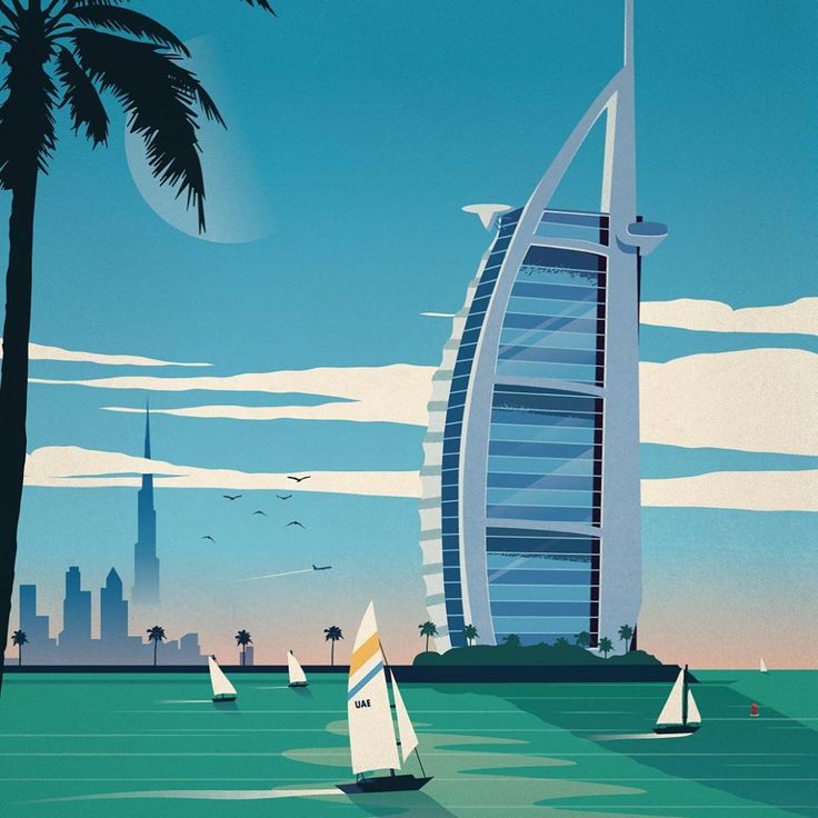 a painting of sailboats in front of a burj al arab hotel and palm trees