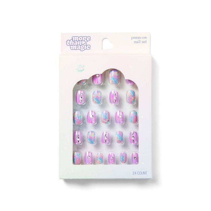 Treat your child to a fun and colorful manicure experience with this More Than Magic™ Press-on 24-Piece Nail Set. The artificial nail set is a collection of 24 ABS nails — 12 lilac-pink nails embellished with sparkly gems and 12 splotch-print pastels — helping to add a touch of glamour to their fingertips for parties or playdates. Boasting easy application and removal thanks to the easy press-on method, they provide a convenient, quick solution to enhance the appearance of nails in a flash. More Kiwi Nails, Birthday Nail Ideas, Colorful Manicure, Gryffindor Outfit, Glamorous Birthday, Foil Nail Designs, Disney Acrylic Nails, Birthday Nail Designs, Birthday Nail