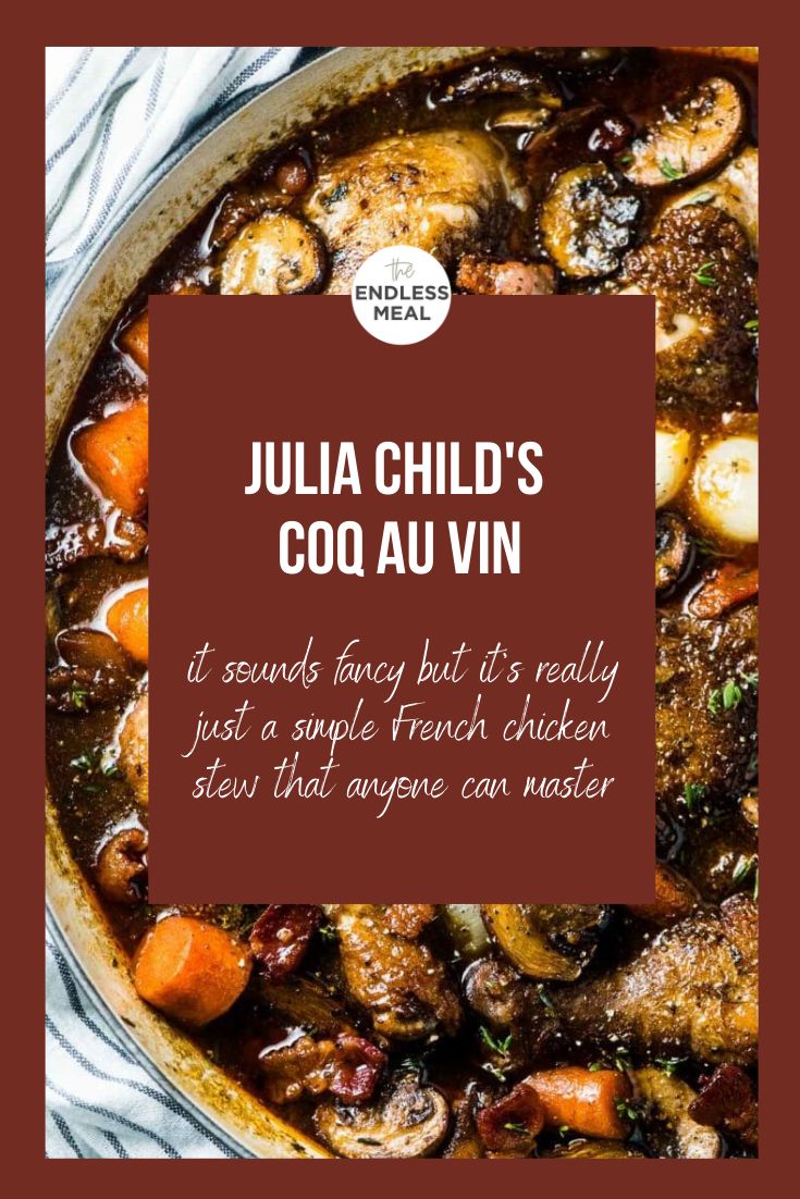 julia child's coq au vin recipe with text overlay