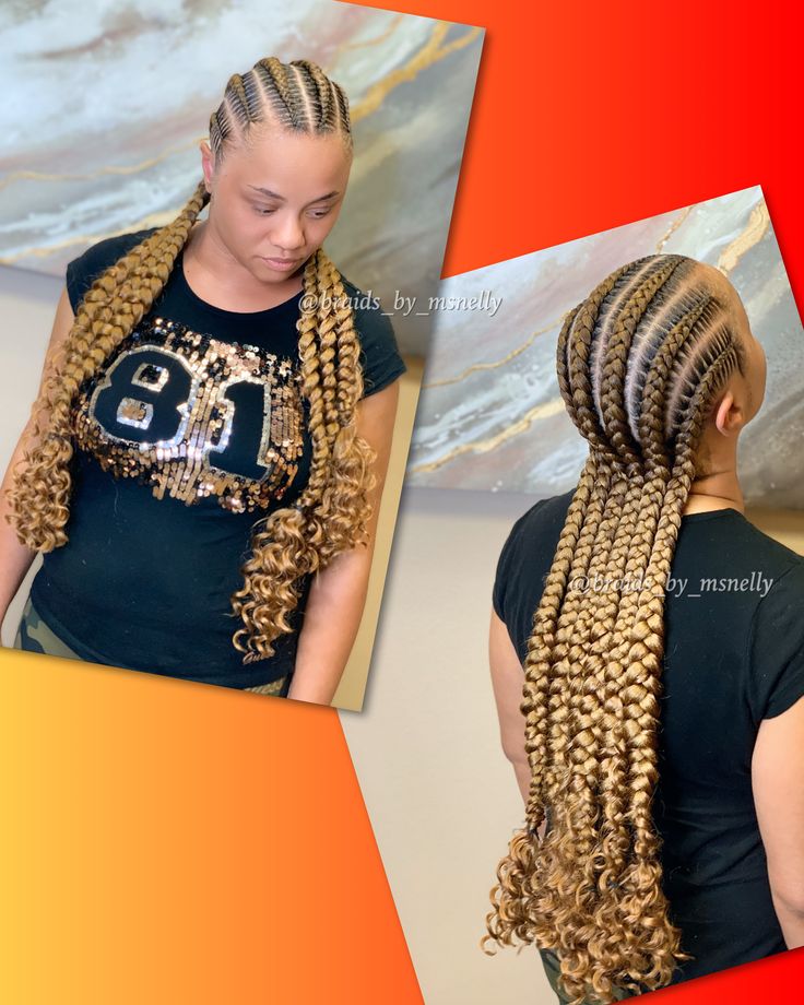 Clean set of stitch braids going straight back with Bohemian curly ends Two Cornrow Braids, Braids With Curly Ends, Straight Back Braids, Trendy Braids, Braids Cornrows, Cornrow Braids, Big Box Braids Hairstyles, African Hair Braiding Styles, Braided Cornrow Hairstyles