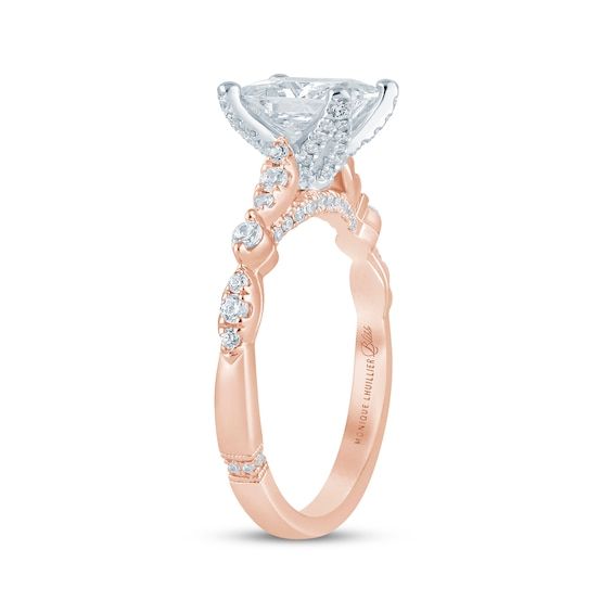 a rose gold engagement ring with a princess cut diamond in the center and side stones