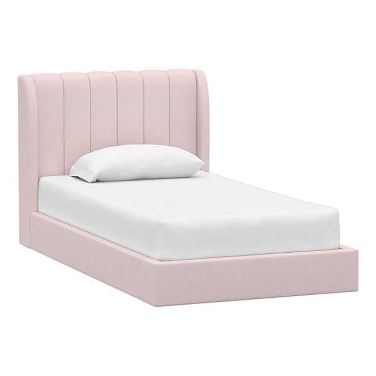 a bed with a pink headboard and white sheets on it's sides, in front of a white background