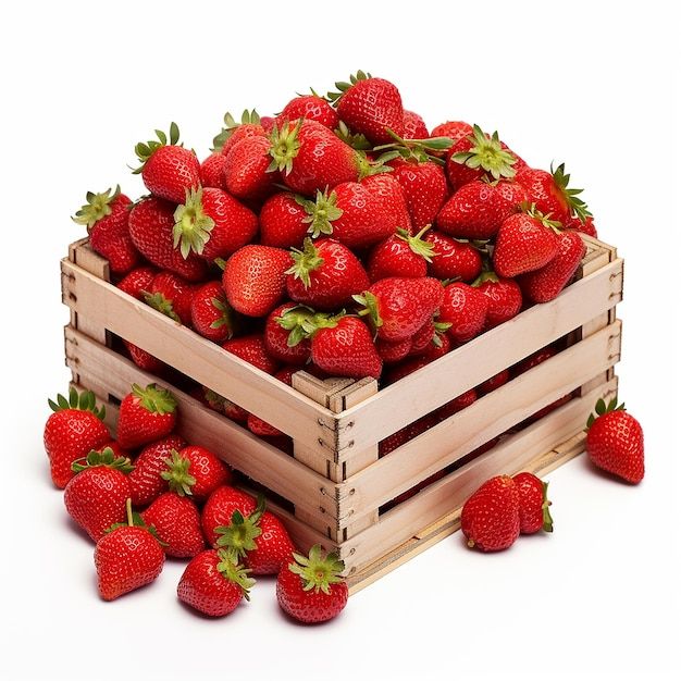 a wooden crate filled with lots of ripe strawberries