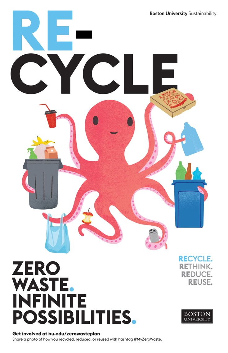 the cover of re - cycle magazine, featuring an octopus and trash can with food in it