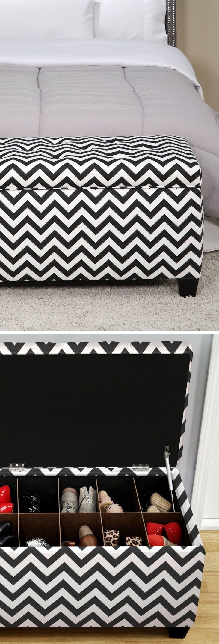 an upholstered storage bench with shoes in the bottom and bottom drawers on each side