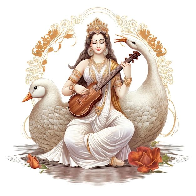 a woman sitting on top of two geese holding a violin