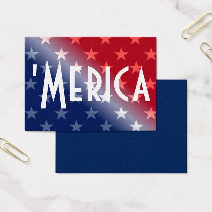 a red, white and blue business card with the word merica on it