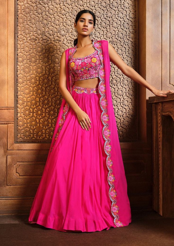 Aneesh Agarwaal-Fuchsia Pink Lehenga And Cape Set-INDIASPOPUP.COM Bhumika Sharma, Haldi Ceremony Outfit, Haldi Dress, Organza Jacket, Cape Set, Haldi Outfits, Sangeet Outfit, Embroidered Cape, Function Dresses