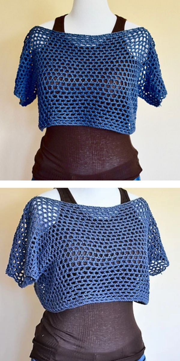 two pictures of a woman's top made out of crochet