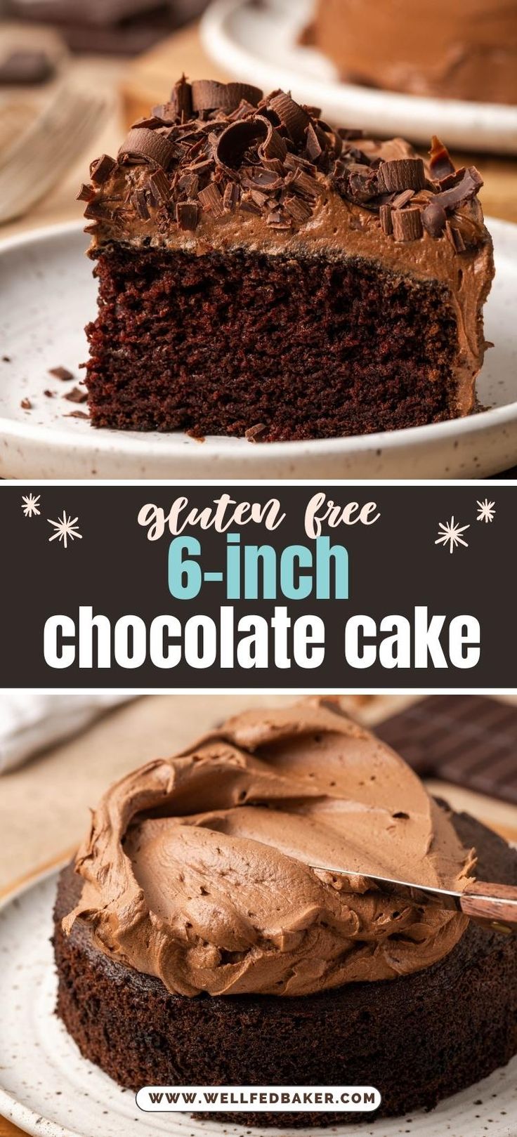 a slice of chocolate cake with frosting on top and the words gluten free 6 - inch chocolate cake above it