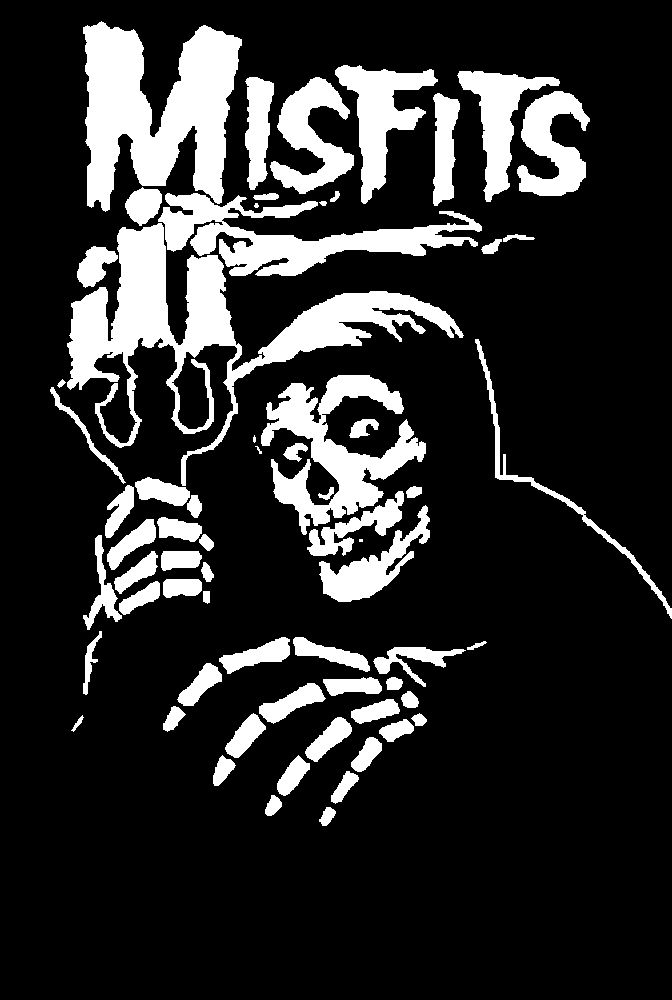 a black and white image of a skeleton holding a knife with the words misfis on it