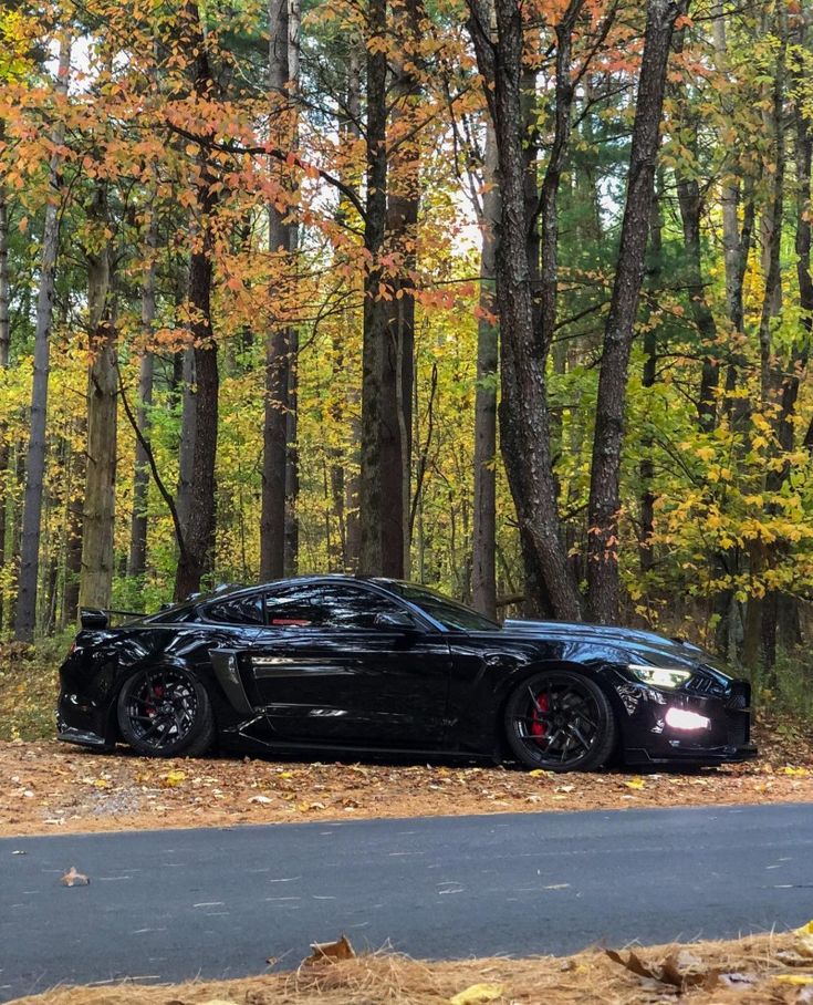 a black sports car parked on the side of a road in front of some trees