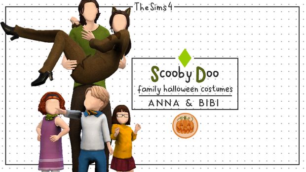 the family is posing in front of a sign that says scooby doo, family halloween costumes annna and bibi