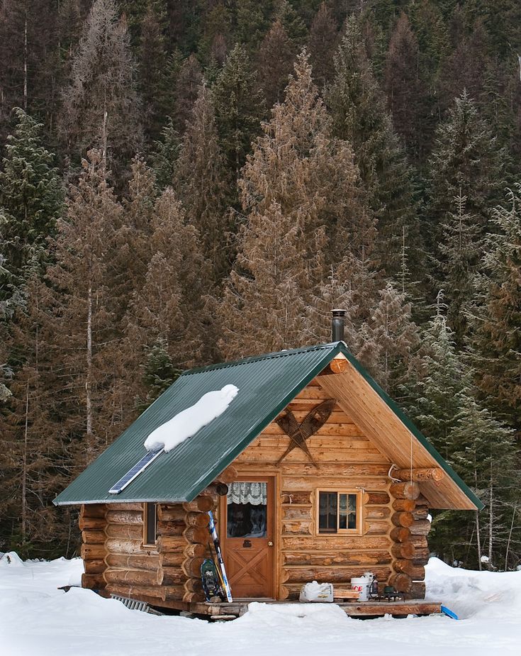 a small log cabin in the middle of a snow covered field with trees behind it