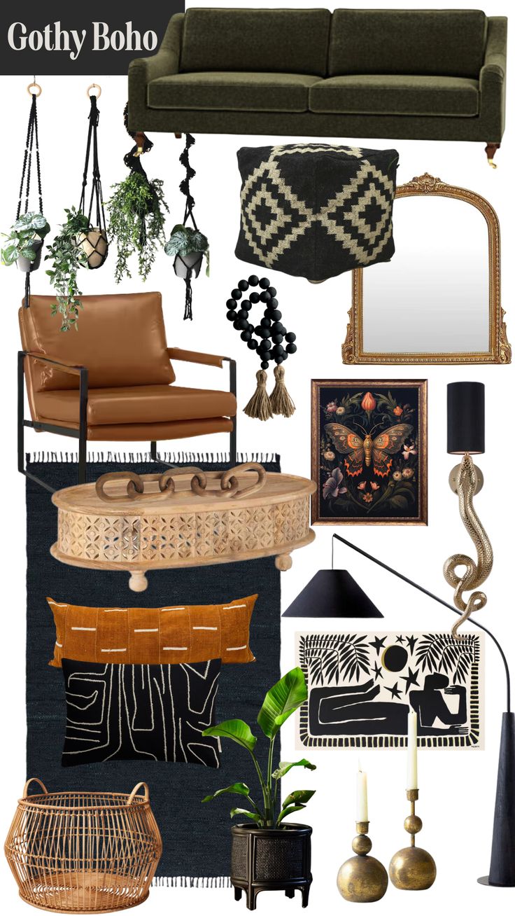 a collage of furniture and decor items with text overlay that reads, getty boho