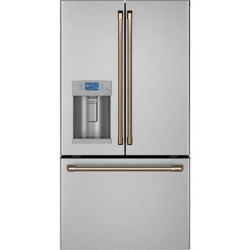 a stainless steel refrigerator with water dispenser and ice maker on the door