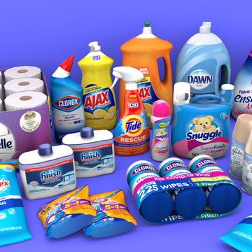 several different types of cleaning products on a purple background, including toiletries and hand soaps