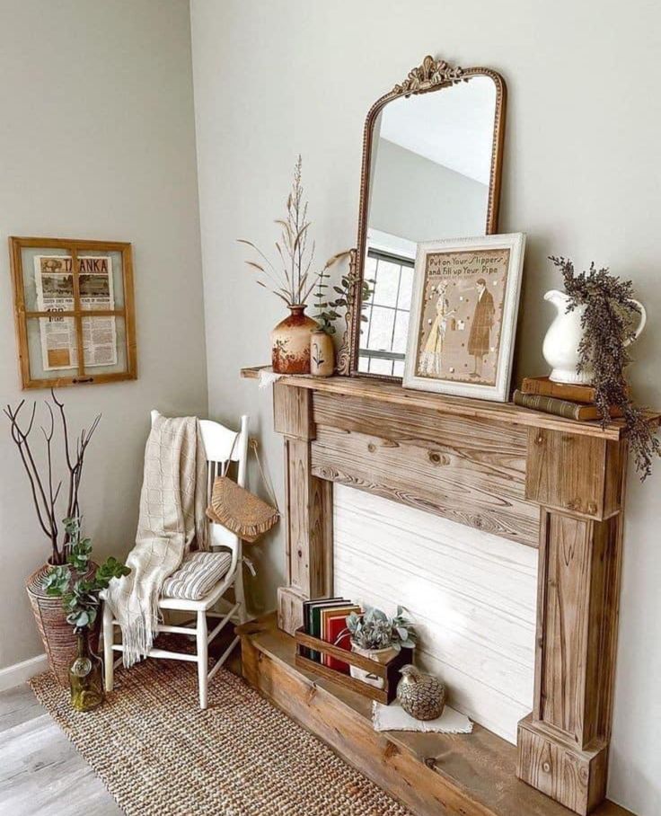 a living room filled with furniture and a fire place under a mirror on top of a mantle