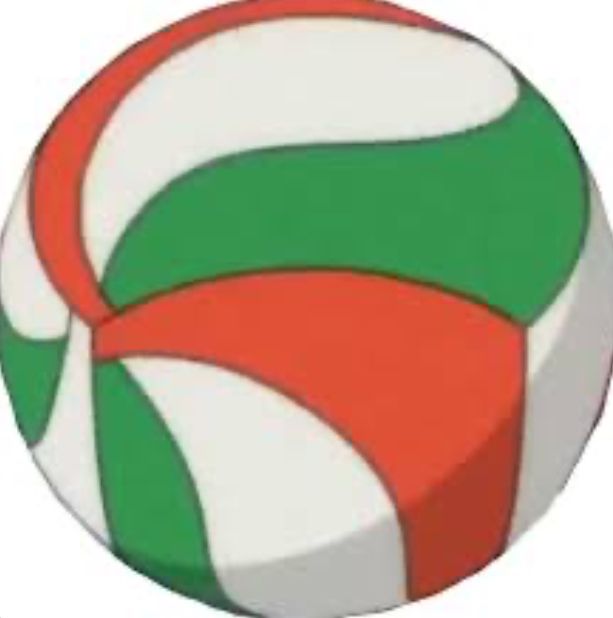 a close up of a ball with red, white and green stripes on it's surface