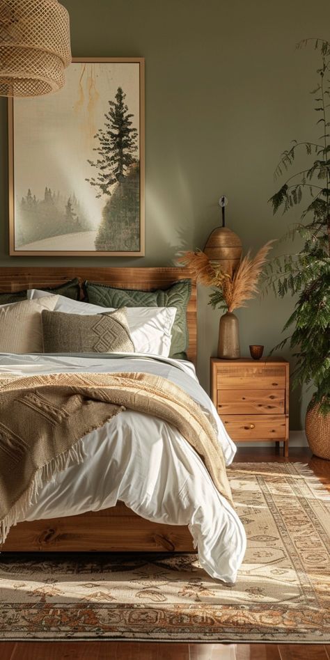 a bedroom with a bed, dressers and potted plants on the floor in front of it