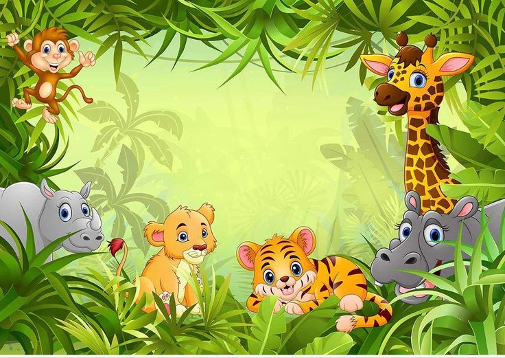 many animals in the jungle with green plants