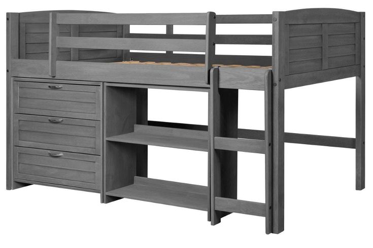 the loft bed with drawers is made from wood and has an open shelf for storage