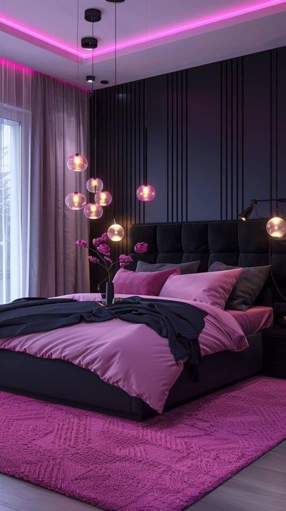 a purple and black bedroom with lights on the headboard, bedding and rugs