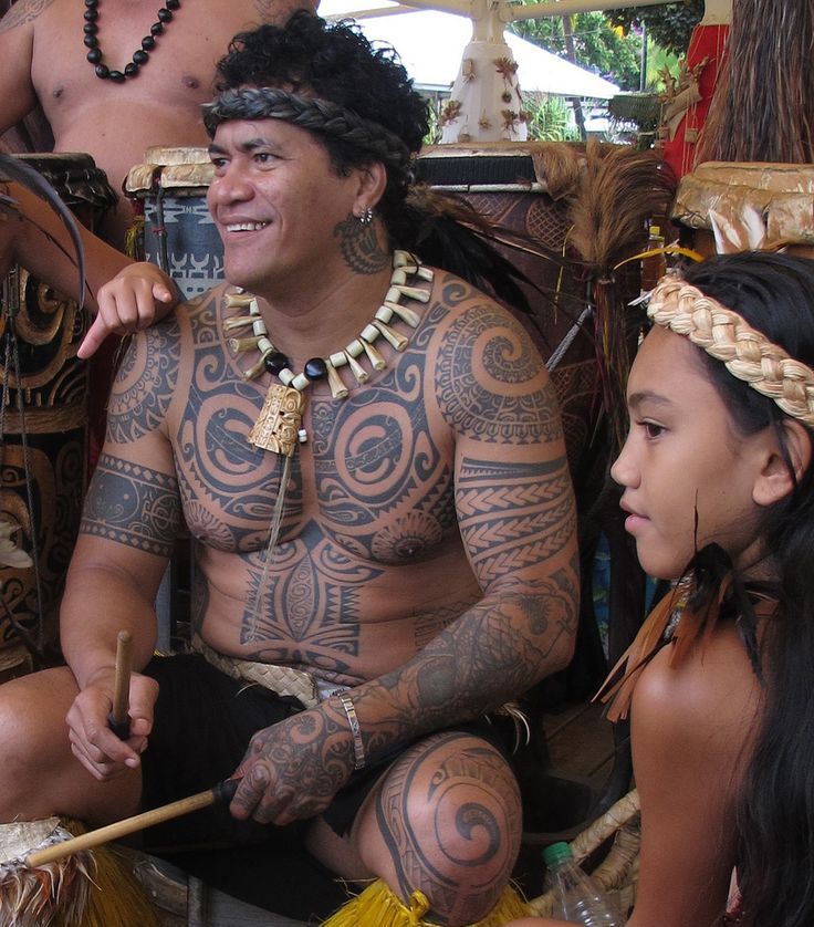 a man with tattoos on his body and two other people around him, sitting down