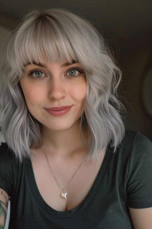 Silver Color Block Hair, Silver Bangs Dark Hair, Gray Lob With Bangs, Grey Hair Bangs Fringes, Grey Bangs Dark Hair, Platinum Pixie Cut, Long Silver Hair, Long Layered Cuts, Silver Blonde Hair