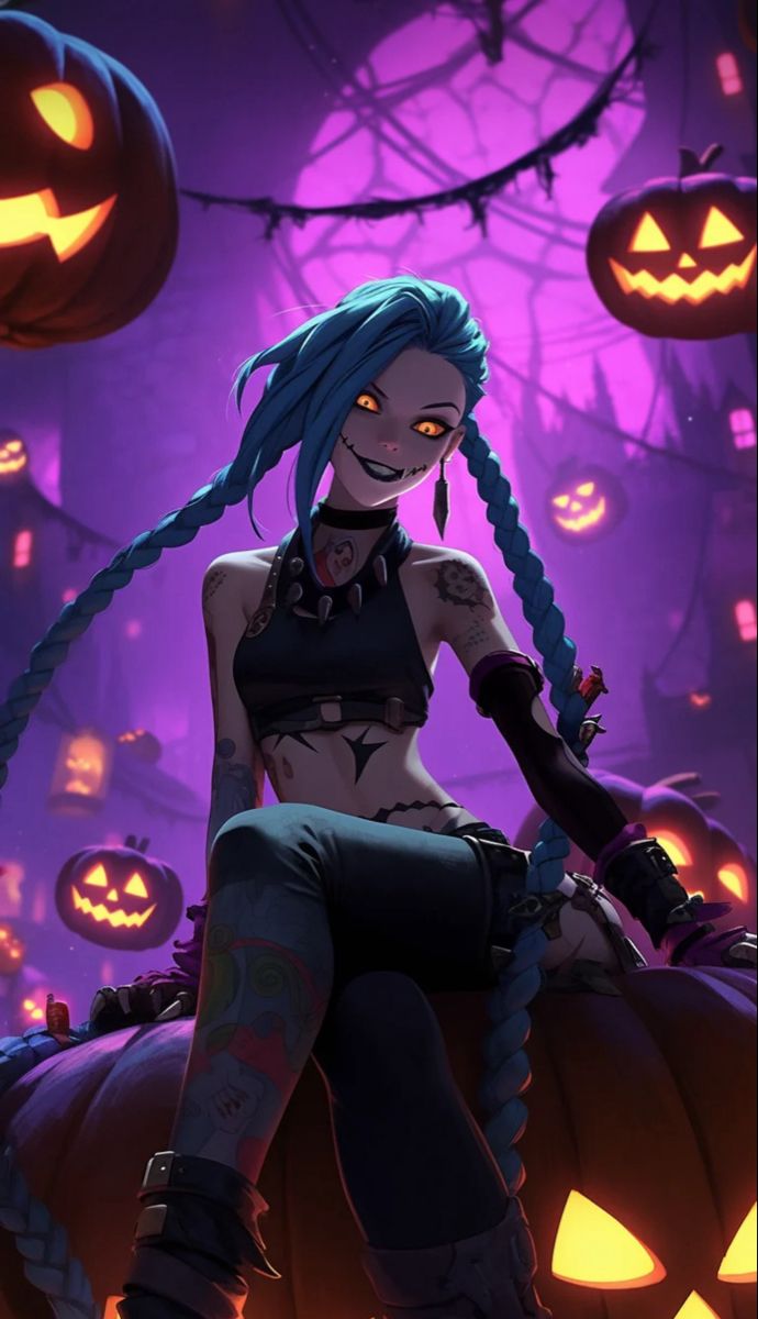 a woman with blue hair sitting on top of a pumpkin