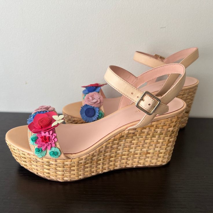 Perfect For Summer! Super Cute With Cut Floral Detail And A Metallic Butterfly. Wicker-Like Bottoms And Ankle Straps. New In Box. Kate Spade Open Toe Sandals For Spring, Kate Spade Spring Open Toe Sandals, Spring Pink Wedge Sandals With Woven Sole, Kate Spade Heel Strap Sandals For Spring, Kate Spade Leather Beach Sandals, Kate Spade Leather Sandals For Beach, Kate Spade High Heel Sandals For Summer, Kate Spade Spring Sandals With Open Heel, Kate Spade Leather Sandals For Vacation