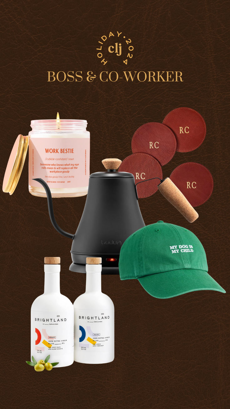 Work Bestie Candle, Monogrammed leather coasters, gooseneck electric kettle, "My Dog is My Child" embroidered green cap, Brightland olive oil duo Gift Ideas For Boss, Chris Loves Julia, Holiday Gift Ideas, Gifts For Boss, Christmas 2024, Pottery Barn Kids, Pottery Barn, Gift Guide, Holiday Gifts