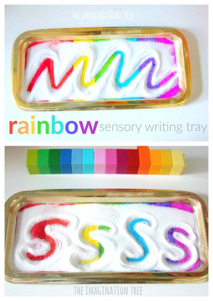 two rainbow writing trays with the words mmmm and miss written in white frosting