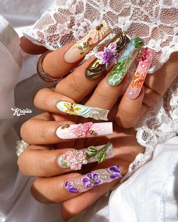 Krallis | Fairy garden 🪷🦢💫🪽🦋 #KrallisFreestyle for @25o.clock 🌞💞 • • #nails #nailart #airbrushnails #chromenails #flowergems #baddienails… | Instagram Garden Fairy Nails, Fairy Garden Nails, Garden Nails, Fairy Nail Art, Gem Nail Designs, Colourful Acrylic Nails, Prom Nails Silver, Jade Nails, Airbrush Nails