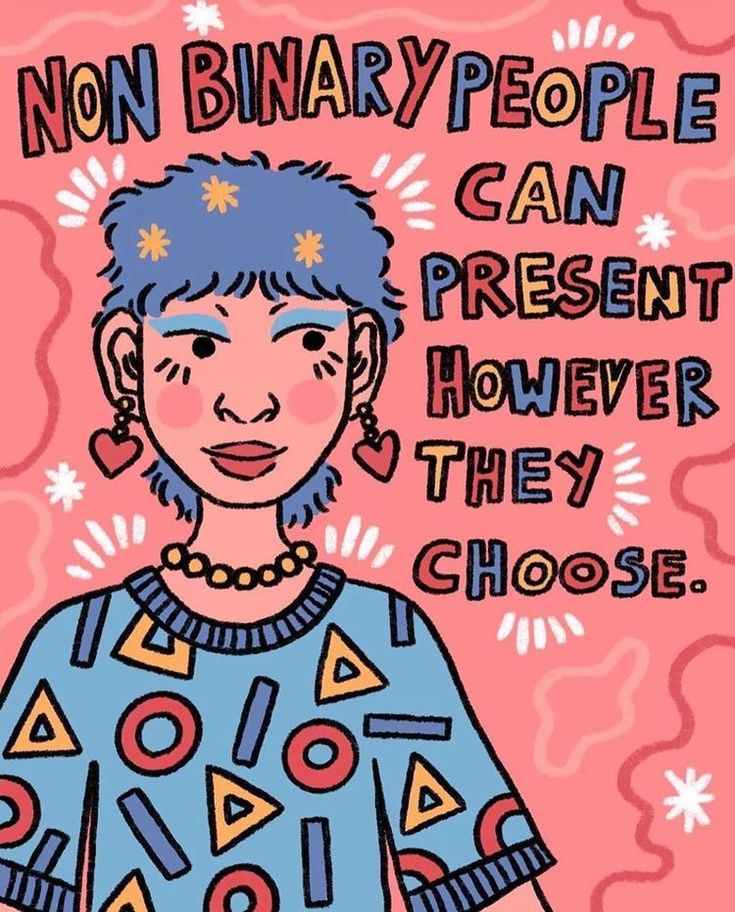 a drawing of a woman with blue hair and an inscription that reads, non binary people can present however they choose