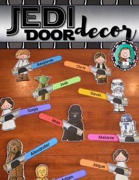 the star wars characters and their names on a wooden table with name tags attached to them