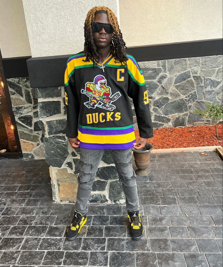 Hockey Jersey Outfit, Drip Clothing, Stacked Pants, Mighty Ducks, Street Fits, Jersey Outfit, The Don, Bathroom Inspo, Hockey Jersey