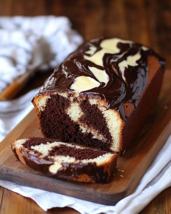 a loaf of chocolate marble cake on a wooden cutting board with one slice cut out