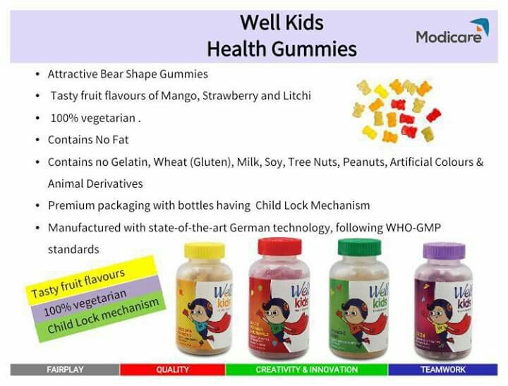 the label for well kids'health gummies is shown in three different colors and sizes