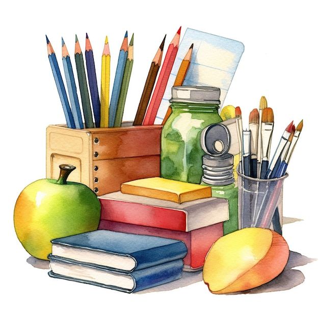 an apple, books, pencils, and other school supplies are shown in this watercolor painting