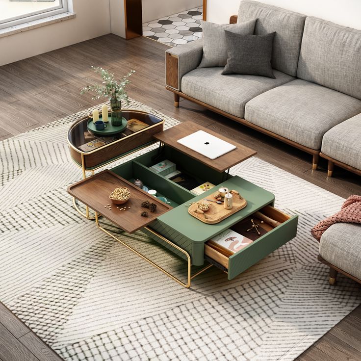 a living room with two couches and a coffee table on top of a rug