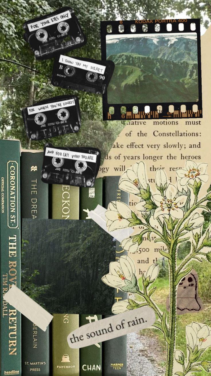 a collage of books with images of flowers and mountains in the background, including an old film strip