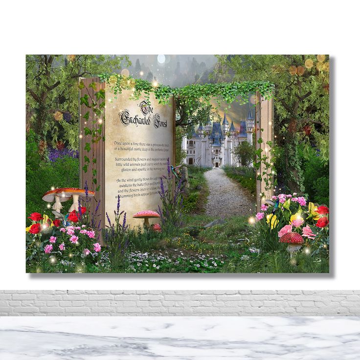 a garden scene with flowers and a sign