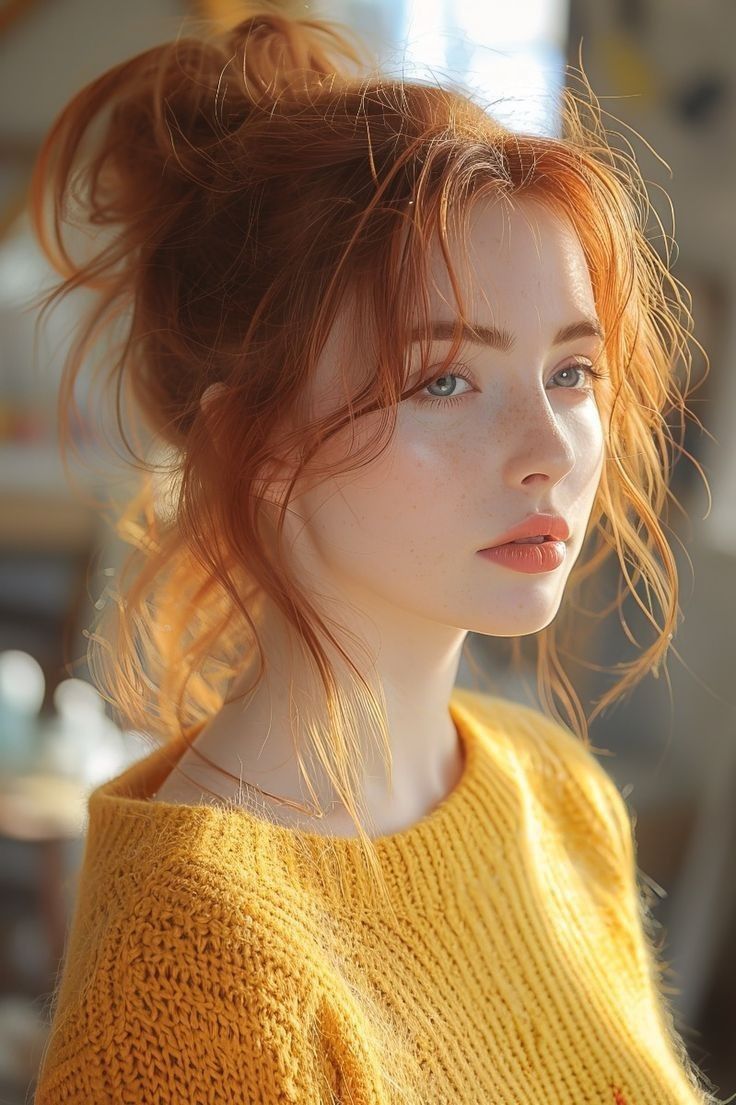 a woman with red hair and blue eyes wearing a yellow sweater looking off to the side