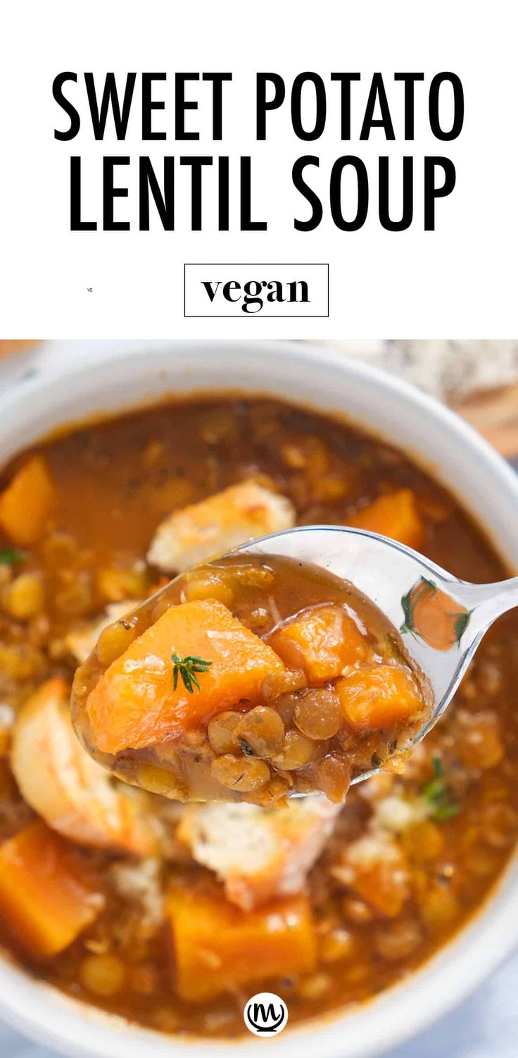 a spoonful of lentil soup with sweet potato and lentils in the bowl