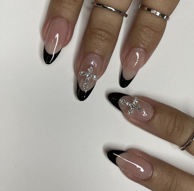 cross accent black french tip nails Grunge Y2k Nails Almond, Rhinestone Cross Nails, Black Douyin Nails, Elegant Almond Nails, Black French Tip Nails, Trendy Almond Nails, Quince Nails, Black French Tip, Classy Acrylic