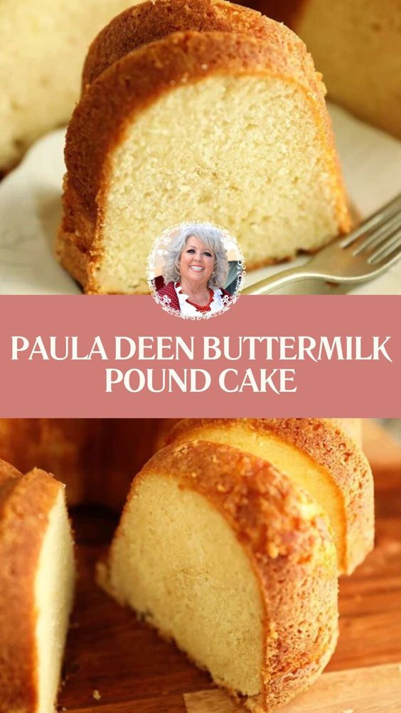 a close up of a cake on a plate with a slice cut out and the words, paula deen buttermilk pound cake