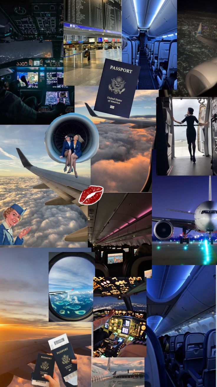 the collage shows many different images with people on them and in the background is an airplane