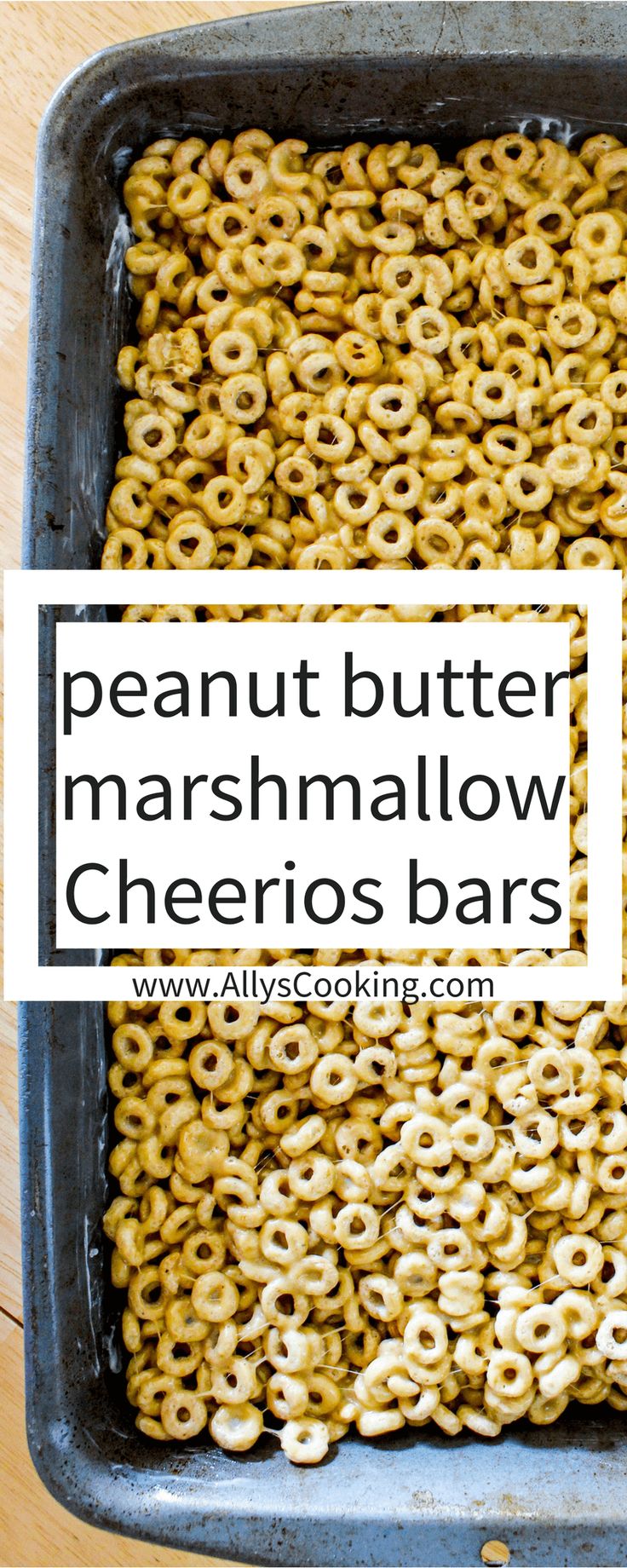 a pan filled with cheerios and the words peanut butter marshmallow cheetos bars